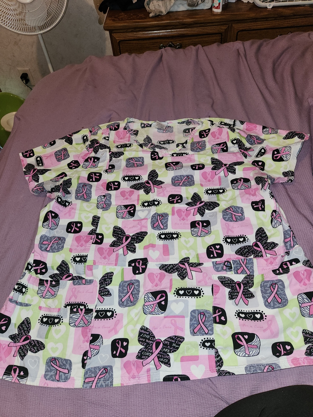 Scrubstar Pink Black Lime Ribbon-Print Short Sleeve Scrub Top
